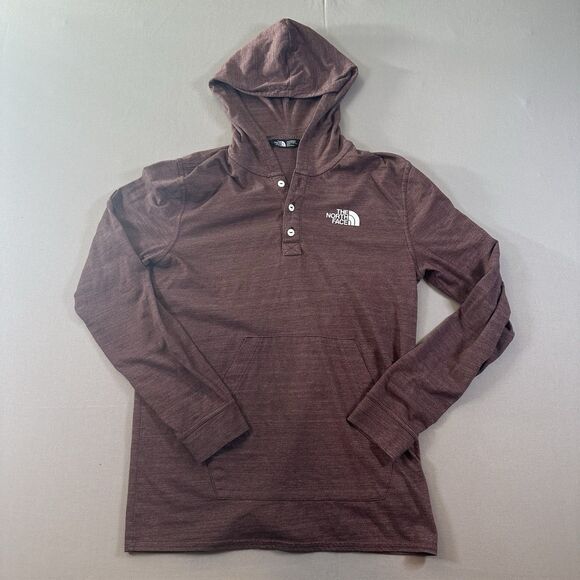The North Face Hooded Long-sleeved T-Shirt Burgundy Button Neck Pockets Medium - Picture 1 of 5